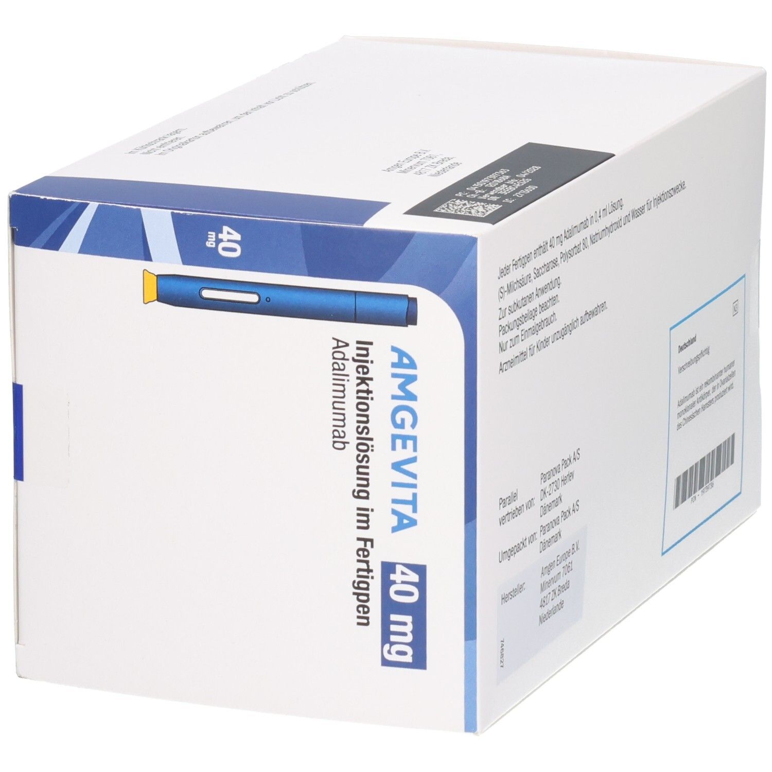 AMGEVITA 40 mg Fertigpen-Verpackung, schräge Ansicht mit blauem Injektionsstift und Produktinformationen.