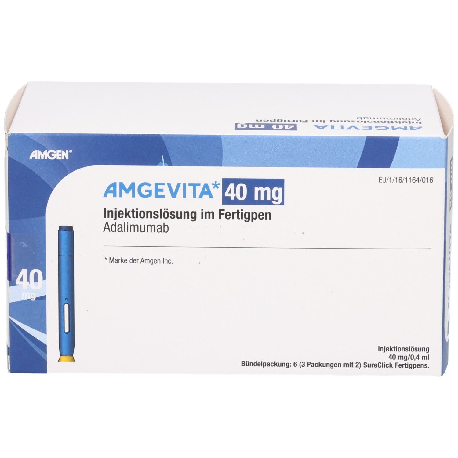 AMGEVITA 40 mg Fertigpen-Verpackung mit einem blauen Injektionsstift und Produktinformationen.