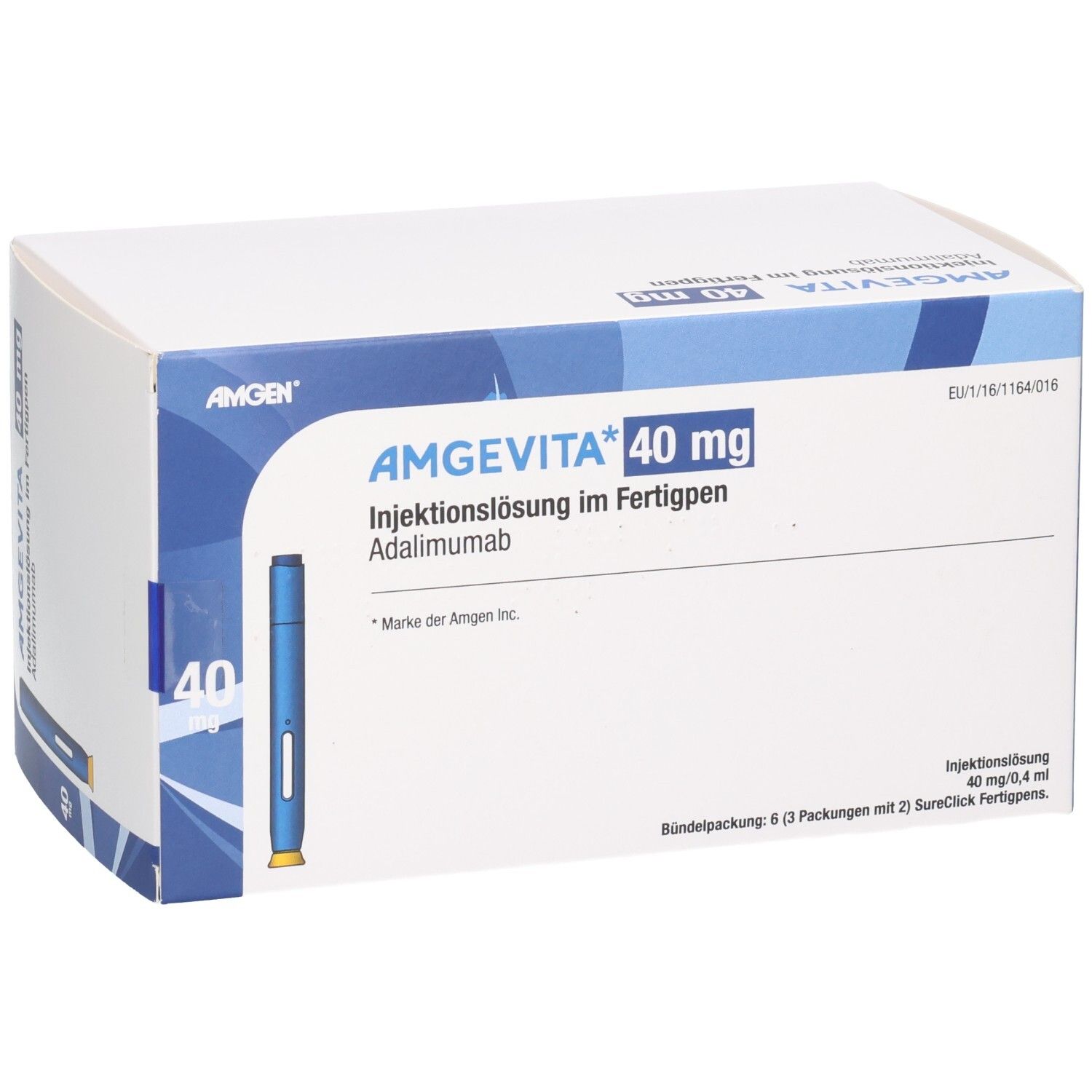 AMGEVITA 40 mg Fertigpen-Verpackung mit einem blauen Injektionsstift und Produktinformationen.