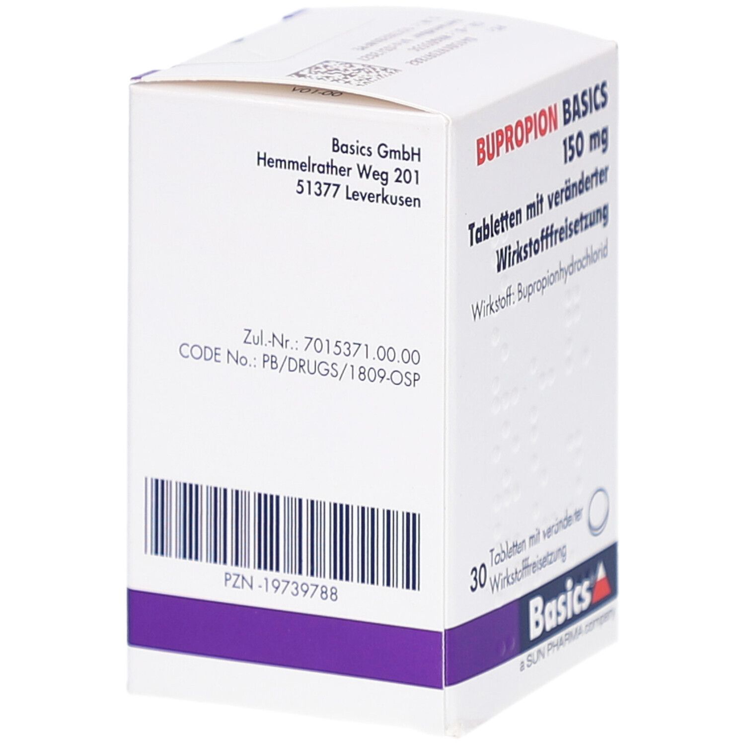 Rückseite der weißen Schachtel mit BUPROPION BASICS. Barcode und Herstellerinformationen.