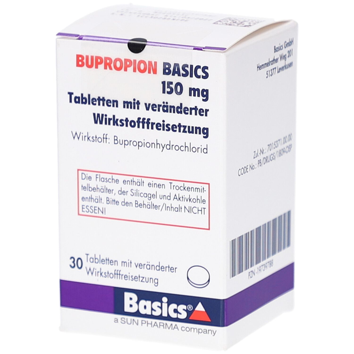 Weiße Schachtel mit BUPROPION BASICS 150 mg. Enthält 30 Tabletten. Warnhinweis.