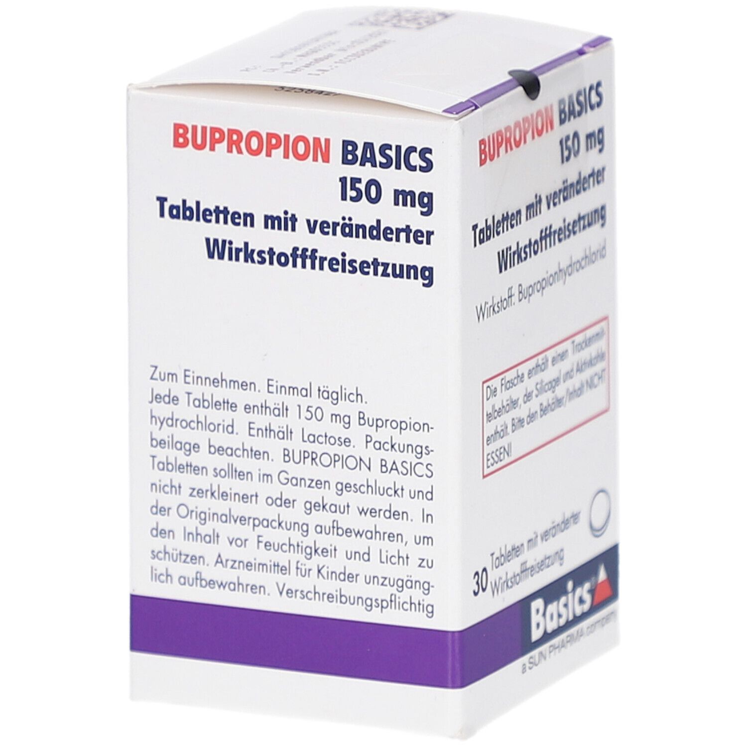 Weiße Schachtel mit BUPROPION BASICS 150 mg. Enthält 30 Tabletten. Text auf Deutsch.