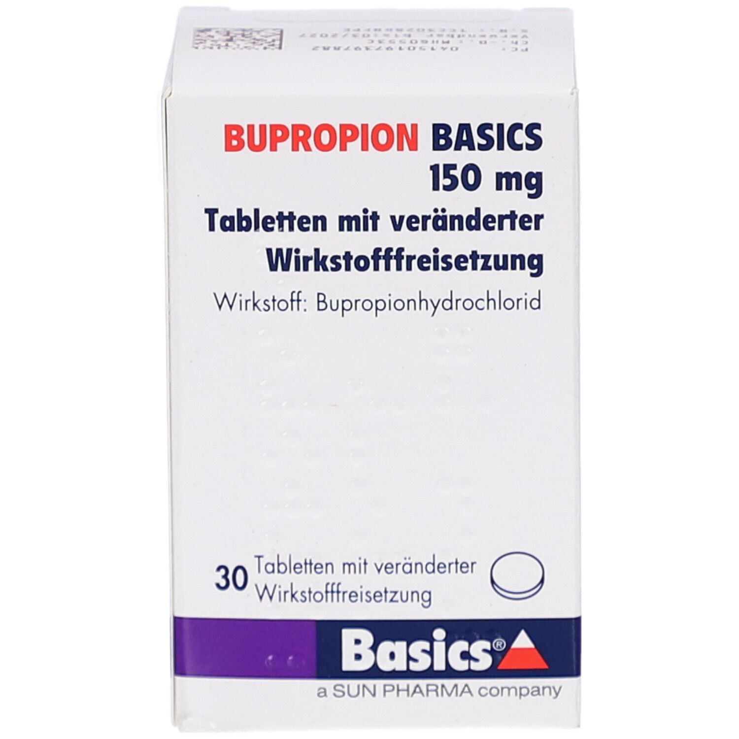 Weiße Schachtel mit BUPROPION BASICS 150 mg. Enthält 30 Tabletten. Marke Basics.
