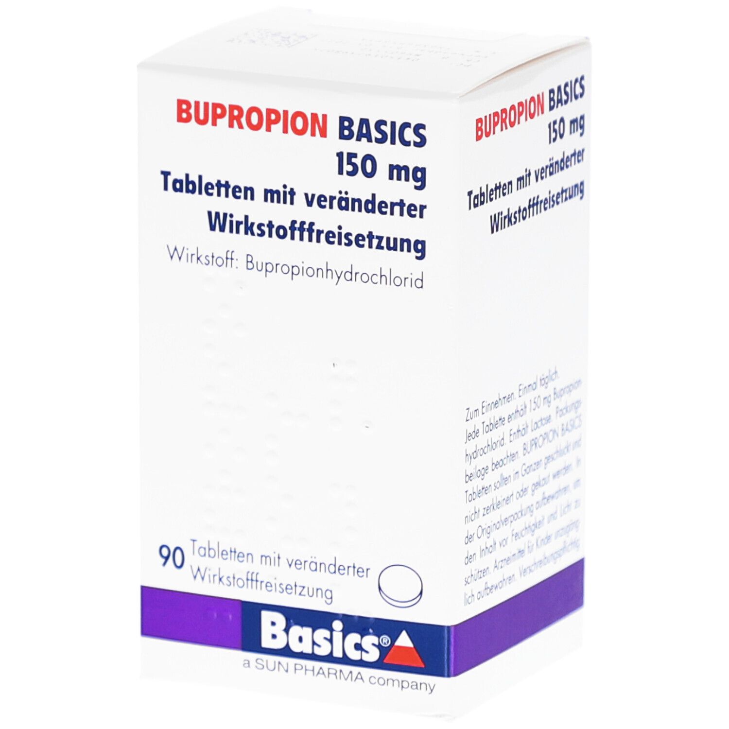 Weiße Schachtel mit Aufschrift BUPROPION BASICS 150 mg. Enthält 90 Tabletten. Text in deutscher Sprache.