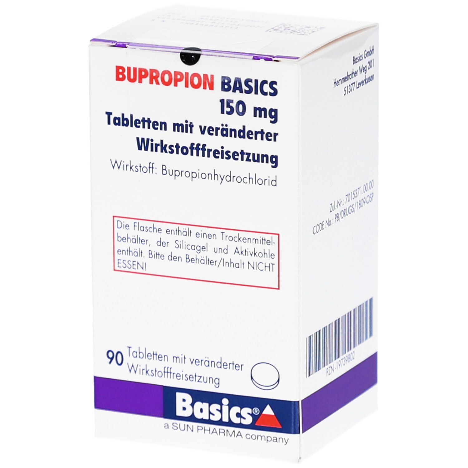 Weiße Schachtel mit Text BUPROPION BASICS 150 mg. Enthält 90 Tabletten. Text in deutscher Sprache. Warnhinweis.