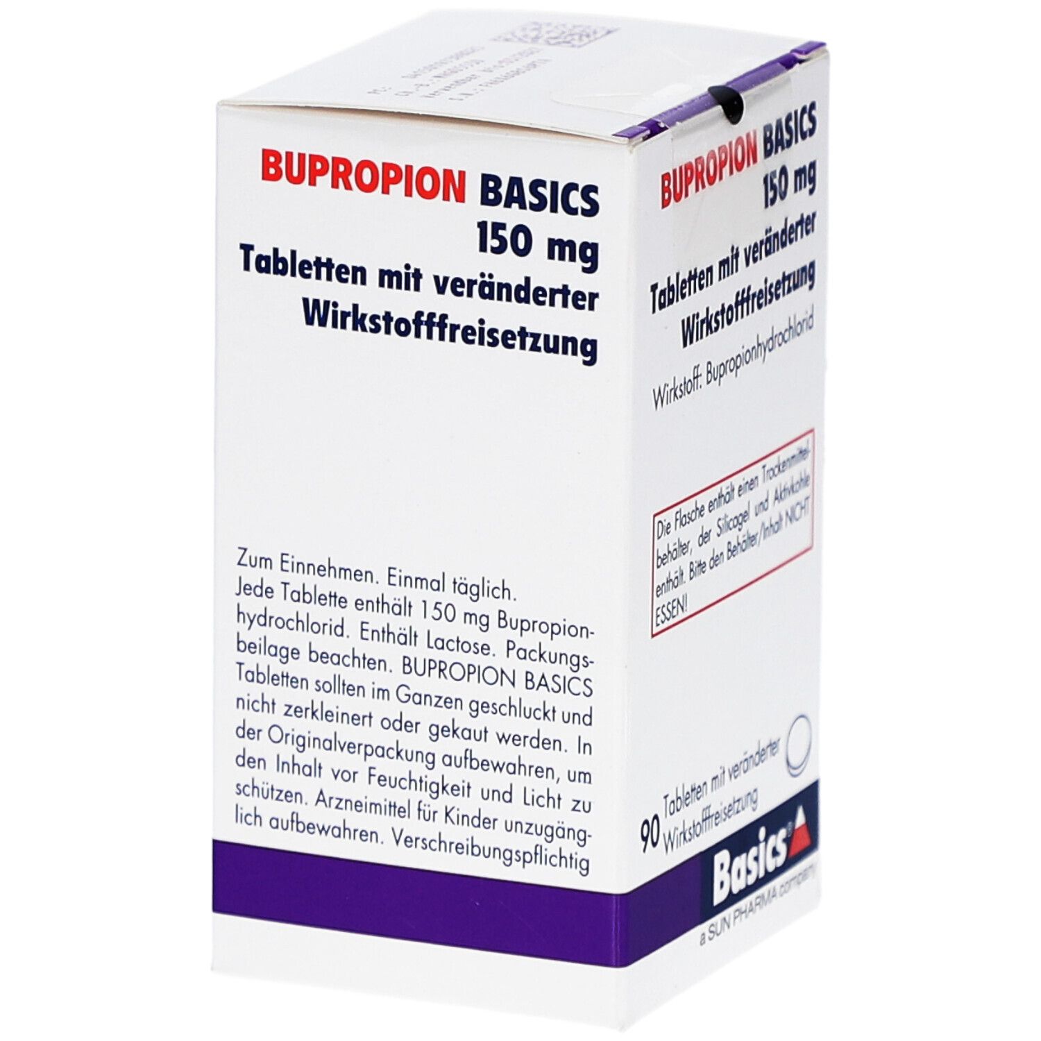 Weiße Schachtel mit Text BUPROPION BASICS 150 mg. Enthält 90 Tabletten. Text in deutscher Sprache. Gebrauchsanweisung.