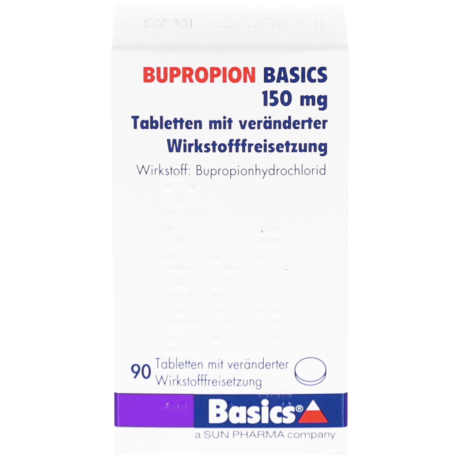 Weiße Schachtel mit Text BUPROPION BASICS 150 mg. Enthält 90 Tabletten. Text in deutscher Sprache.