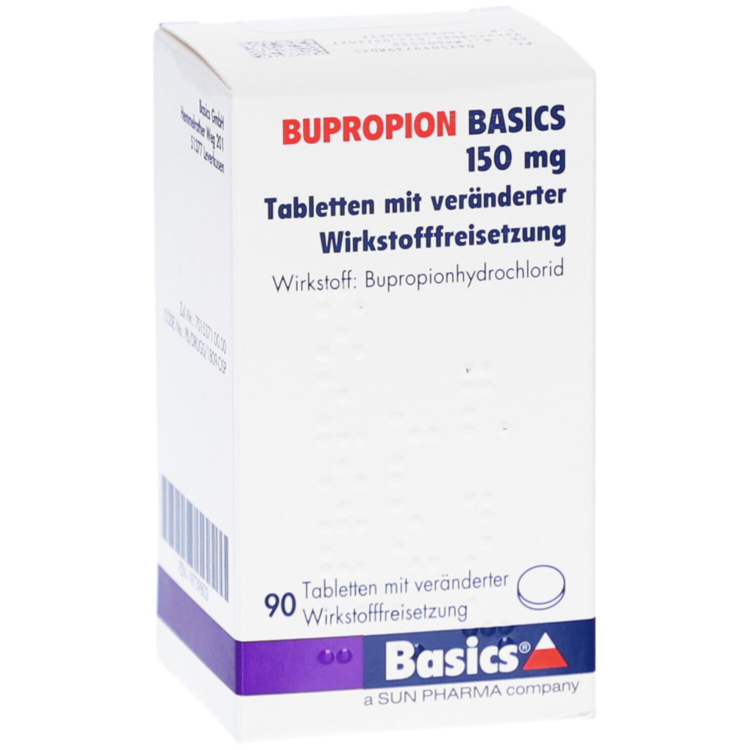 Weiße Schachtel mit Text BUPROPION BASICS 150 mg. Enthält 90 Tabletten. Text in deutscher Sprache.