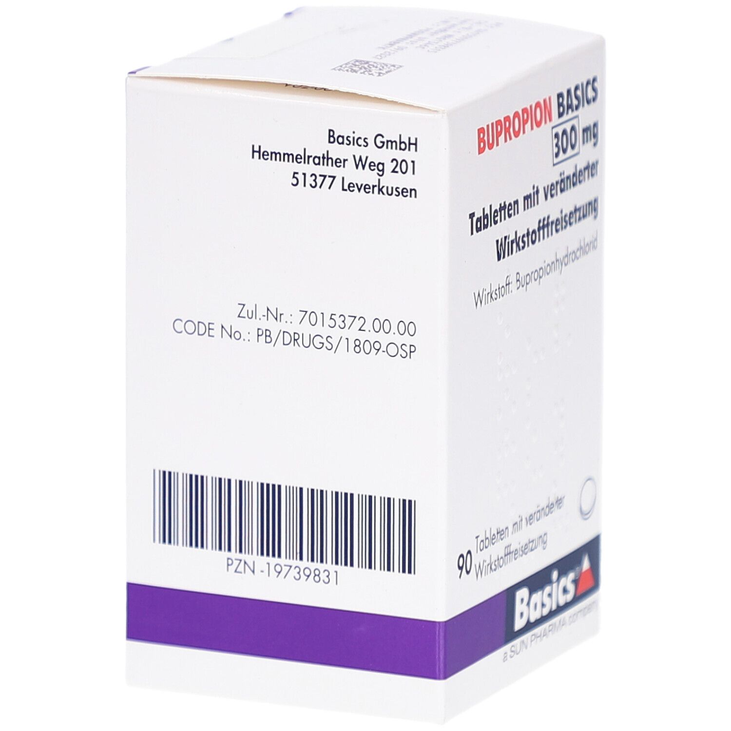 Weiße Medikamentenbox mit lila Akzent. Aufdruck: BUPROPION BASICS 300 mg, Tabletten. Basics GmbH Logo. Barcode und weitere Informationen.