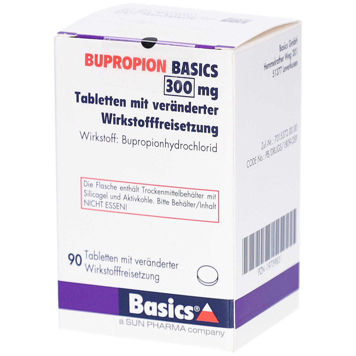 Weiße Medikamentenbox mit lila Akzent. Aufdruck: BUPROPION BASICS 300 mg, Tabletten. Basics Logo. 90 Tabletten. Trockenmittelbehälter.