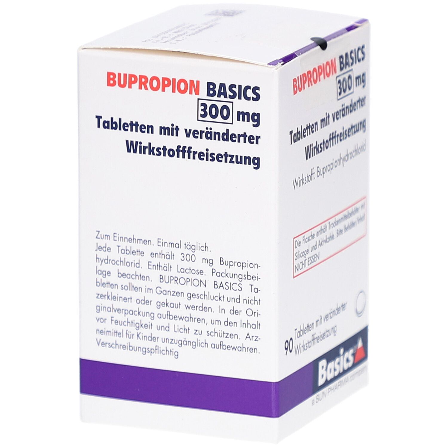 Weiße Medikamentenbox mit lila Akzent. Aufdruck: BUPROPION BASICS 300 mg, Tabletten. Basics Logo. 90 Tabletten. Text zur Einnahme.