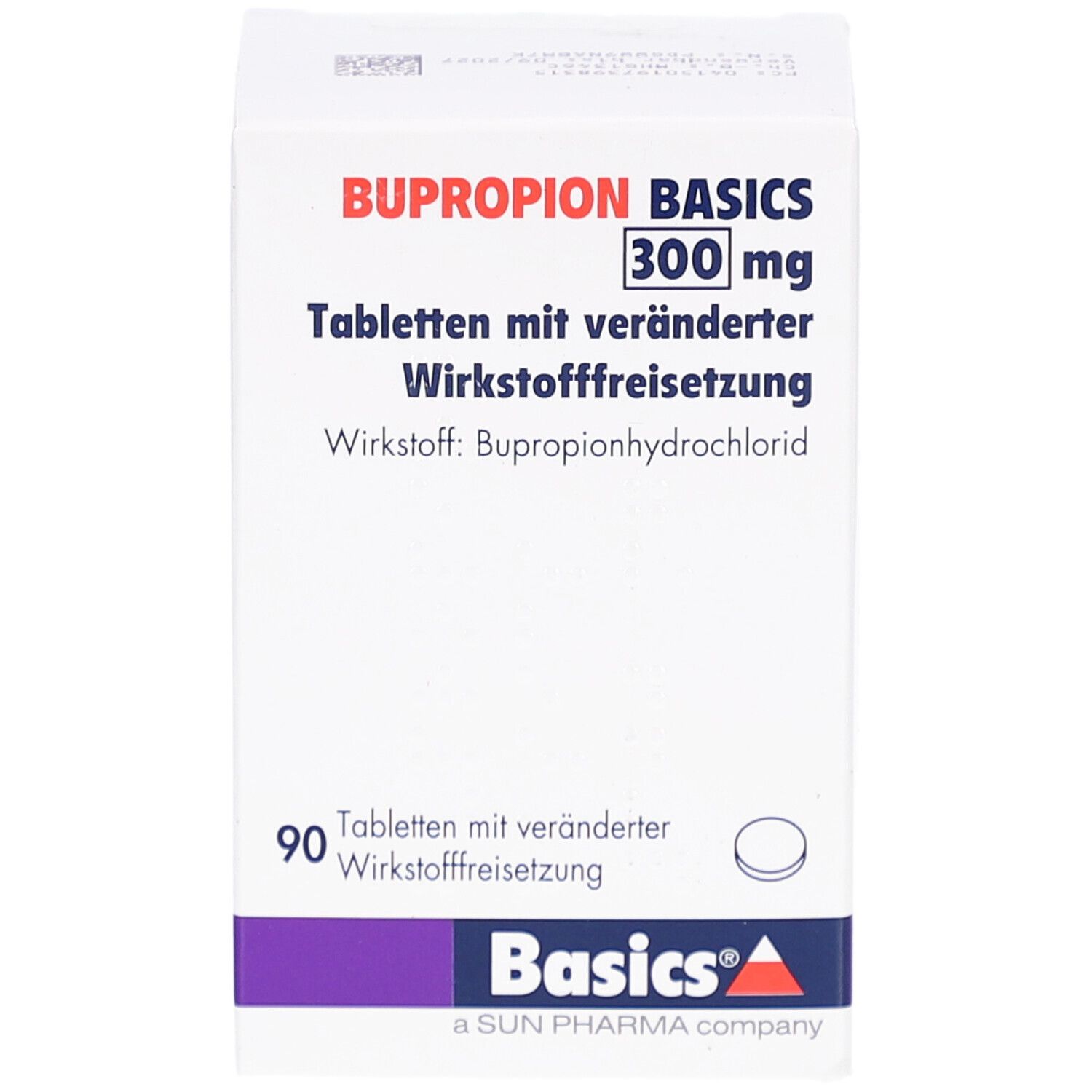Weiße Medikamentenbox mit lila Akzent. Aufdruck: BUPROPION BASICS 300 mg, Tabletten. Basics Logo. 90 Tabletten. Tabletten-Symbol.