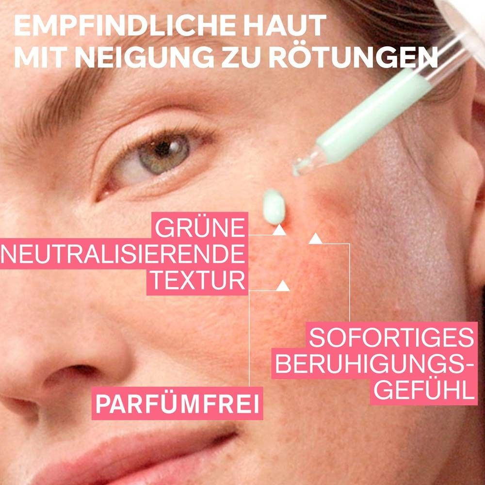 Gesicht mit Rötungen. Grüne Textur wird aufgetragen. Text: Grüne neutralisierende Textur, parfümfrei, sofortiges beruhigendes Gefühl.