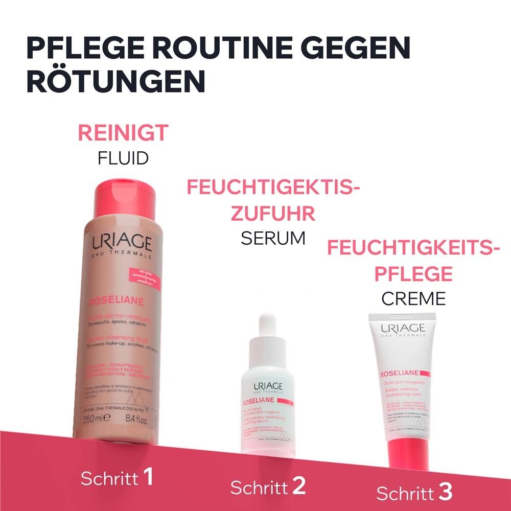 Pflege-Routine gegen Rötungen. 3 Produkte: Reinigungsfluid, Serum, Feuchtigkeitspflege Creme. Uriage Roséliane Produkte.