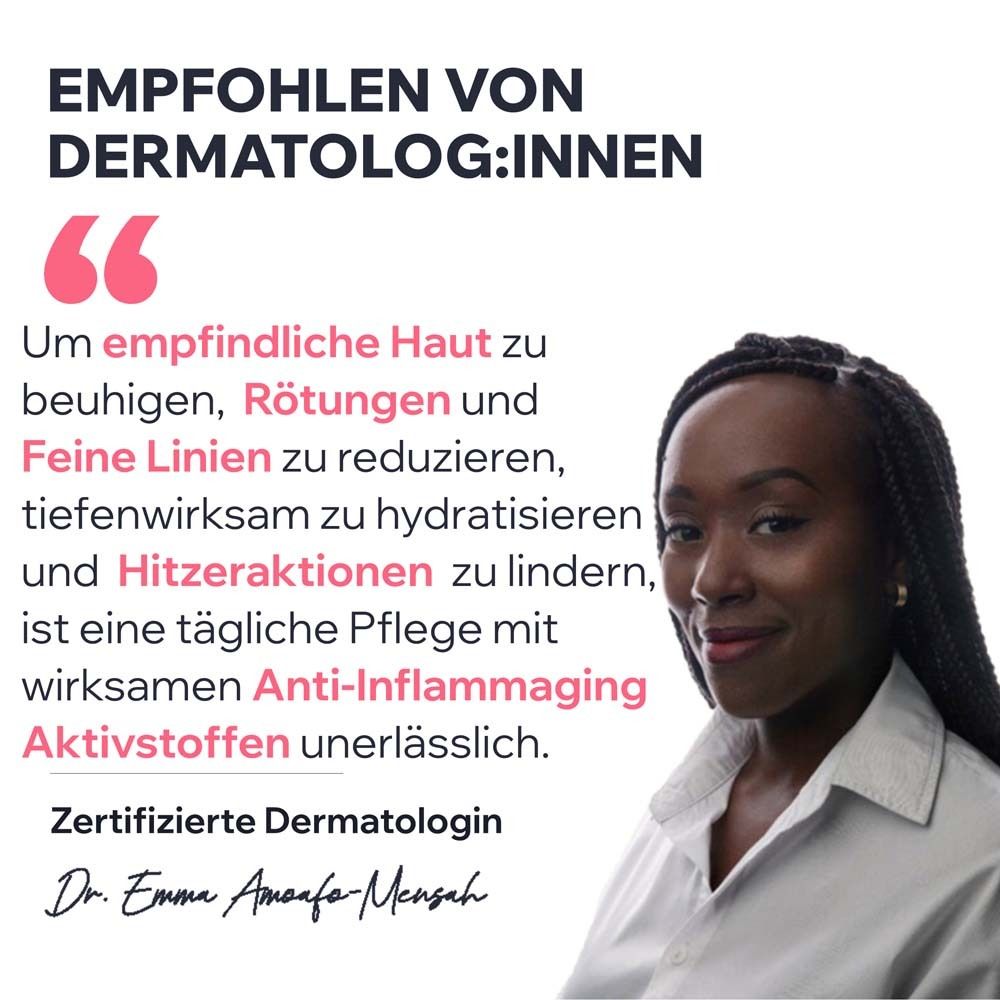 Frau mit Text. Text: Empfohlen von Dermatolog:innen. Anti-Inflammaging Wirkstoffe. Zertifizierte Dermatologin Dr. Emma Amoafo-Mensah.