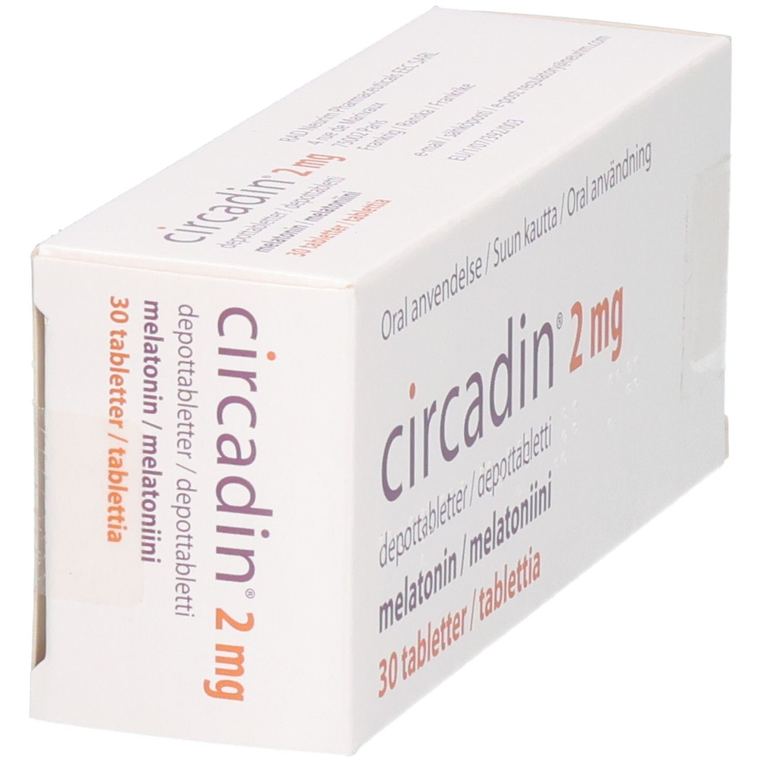 Circadin 2 mg Retardtabletten Schachtel, 30 Tabletten, schräg von vorne.