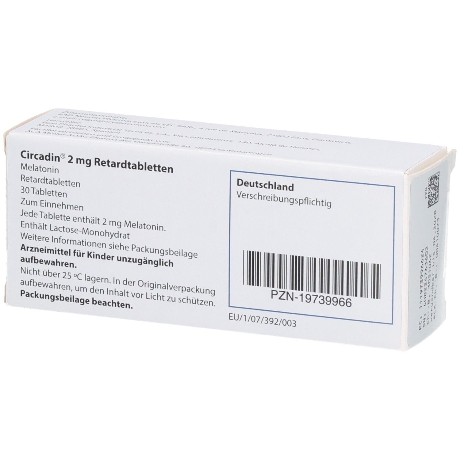 Rückseite der Circadin 2 mg Retardtabletten Schachtel mit PZN.