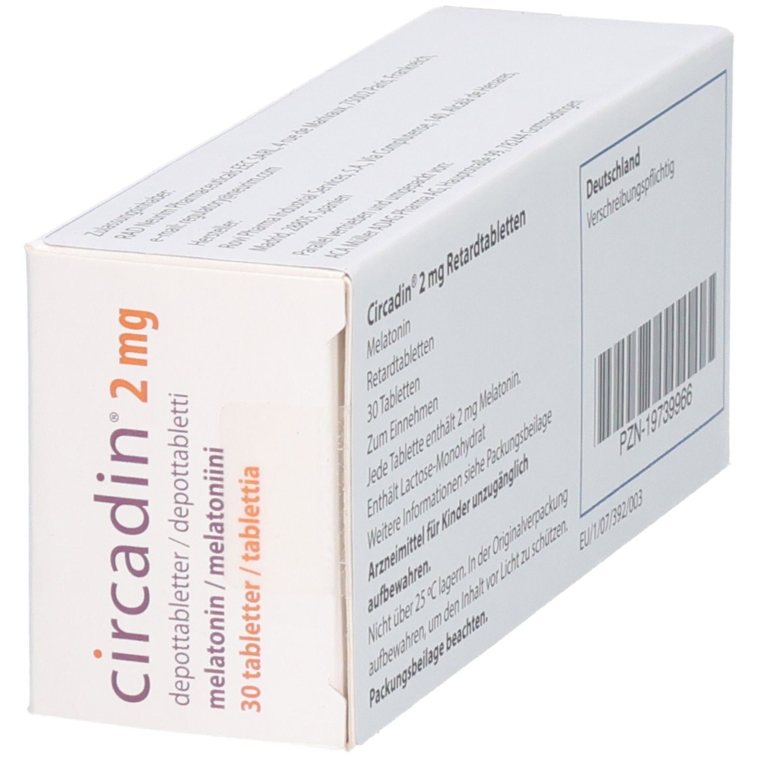 Rückseite der Circadin 2 mg Retardtabletten Schachtel, 30 Tabletten.