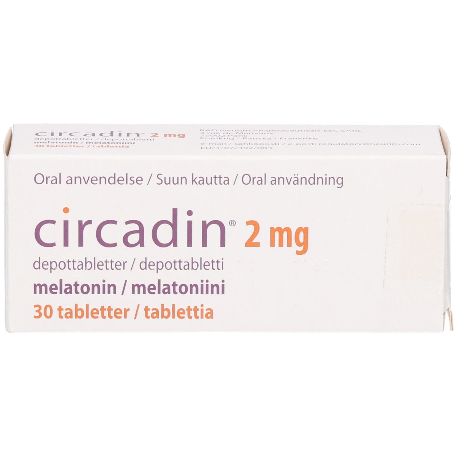 Vorderseite der Circadin 2 mg Retardtabletten Schachtel, 30 Tabletten.