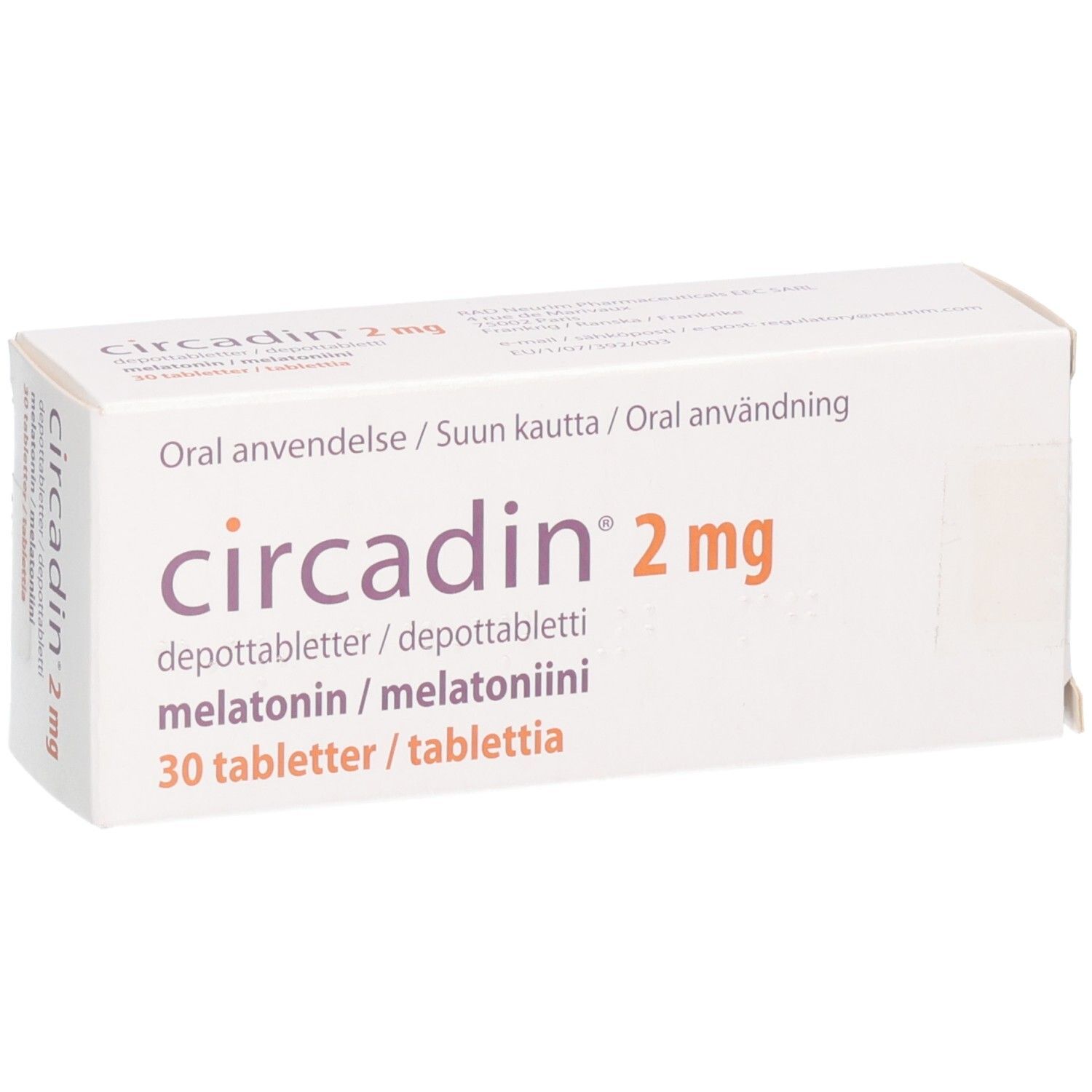 Circadin 2 mg Retardtabletten Schachtel, 30 Tabletten, schräg von vorne.
