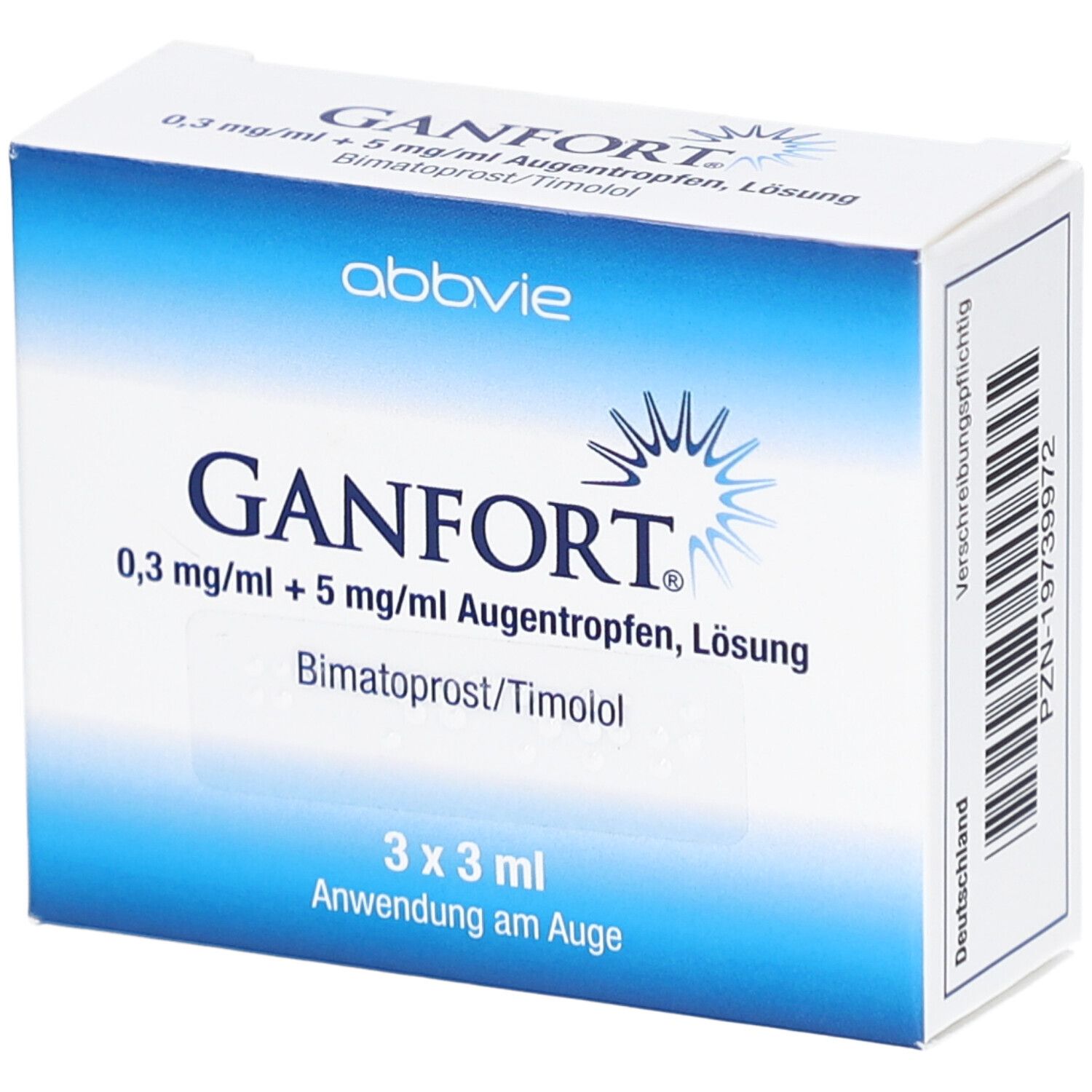 Weiße Faltschachtel mit blauer Gestaltung. Aufdruck: GANFORT 0,3 mg/ml + 5 mg/ml Augentropfen, Lösung. 3 x 3 ml.