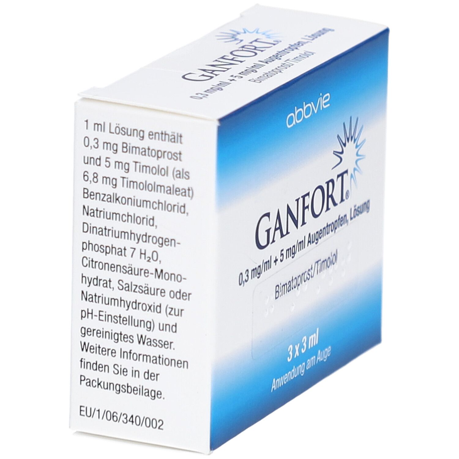 Weiße Faltschachtel mit Text. Aufdruck: GANFORT 0,3 mg/ml + 5 mg/ml Augentropfen, Lösung. Inhaltsstoffe. 3 x 3 ml.