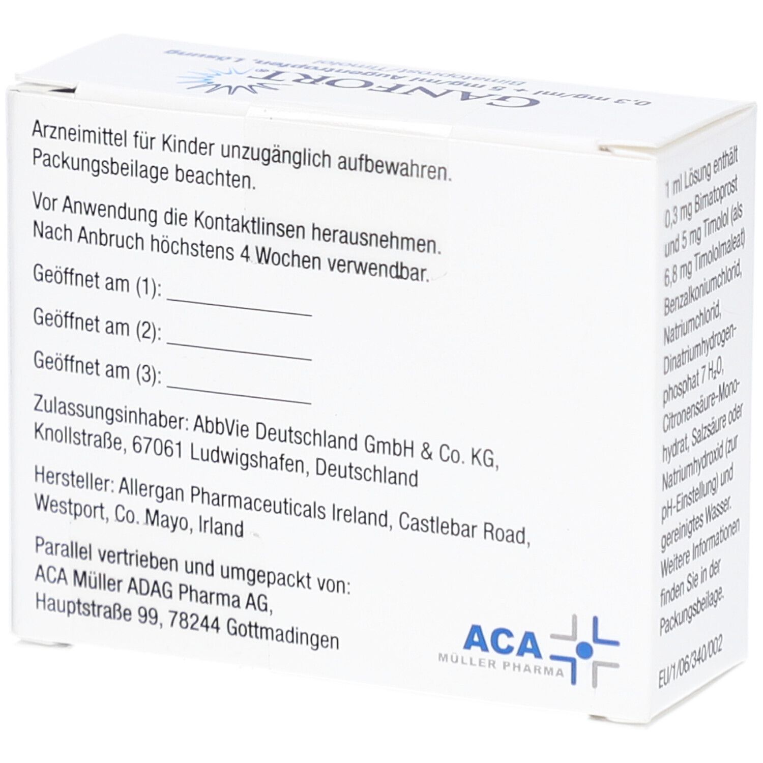 Weiße Faltschachtel mit Text. Aufdruck: Vorsichtsmaßnahmen, Hersteller, Zulassungsinhaber. ACA Müller Pharma Logo.