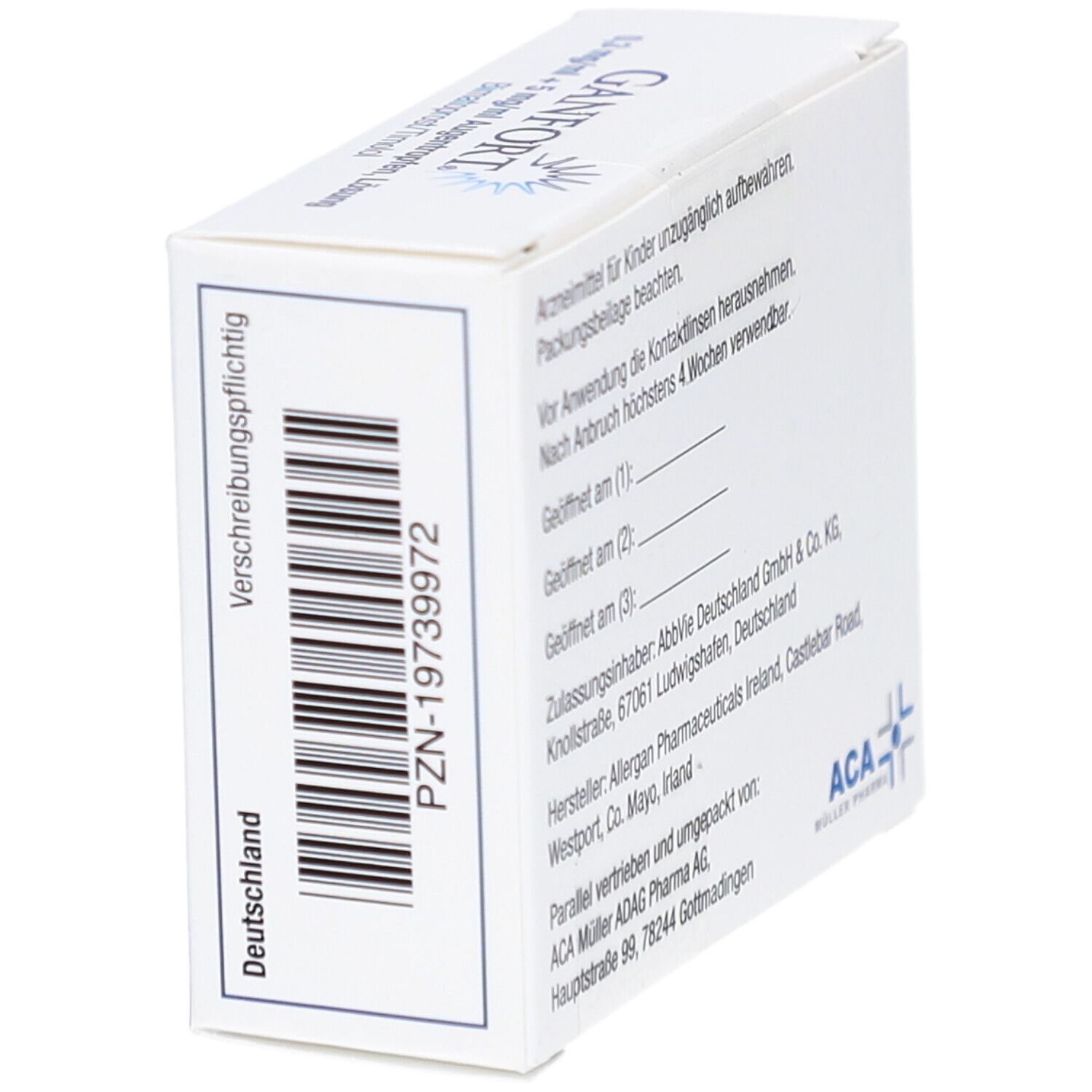 Weiße Faltschachtel mit Text und Barcode. Aufdruck: Verschreibungspflichtig. PZN-19739972. Deutschland.