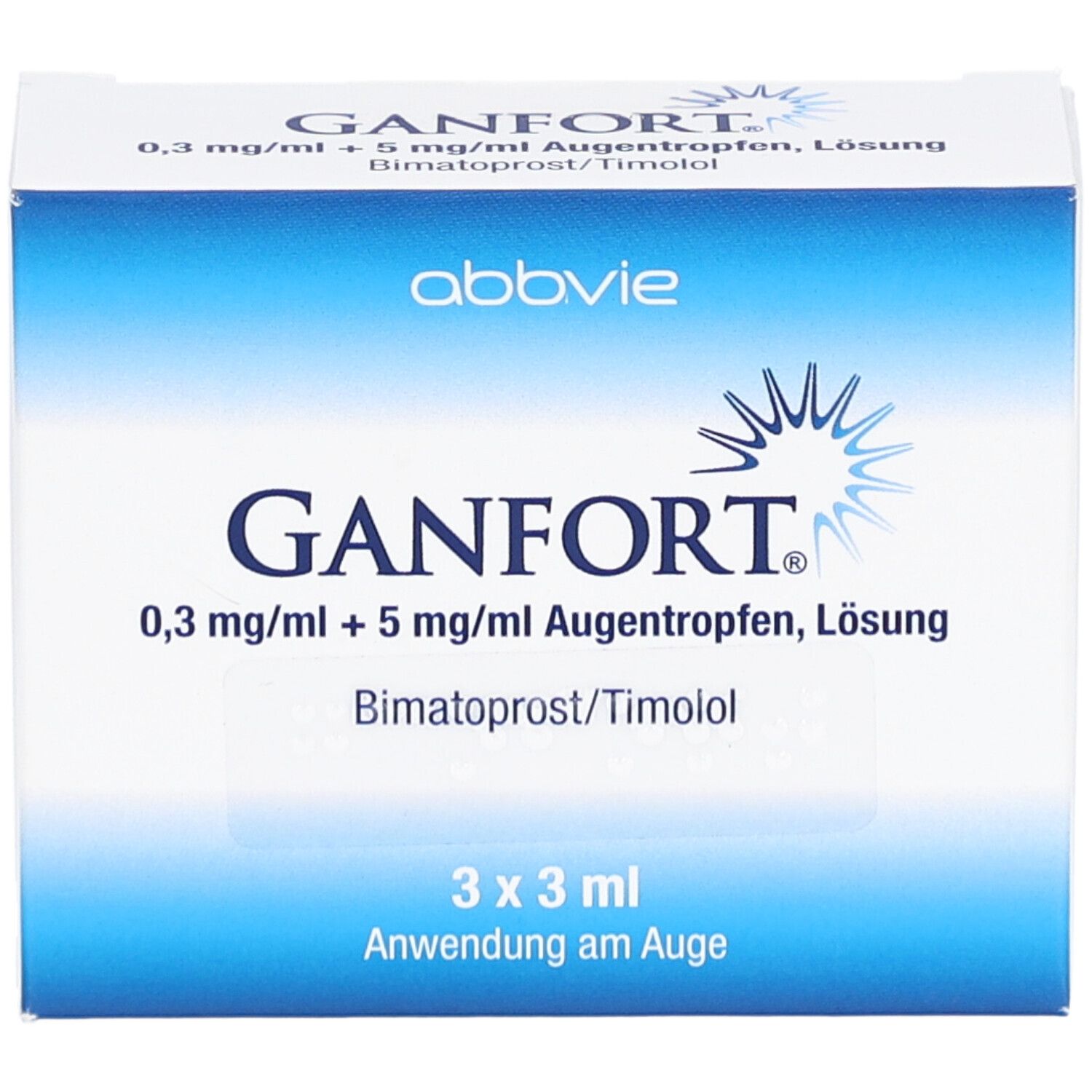 Weiße Faltschachtel mit blauer Gestaltung. Aufdruck: GANFORT 0,3 mg/ml + 5 mg/ml Augentropfen, Lösung. 3 x 3 ml.