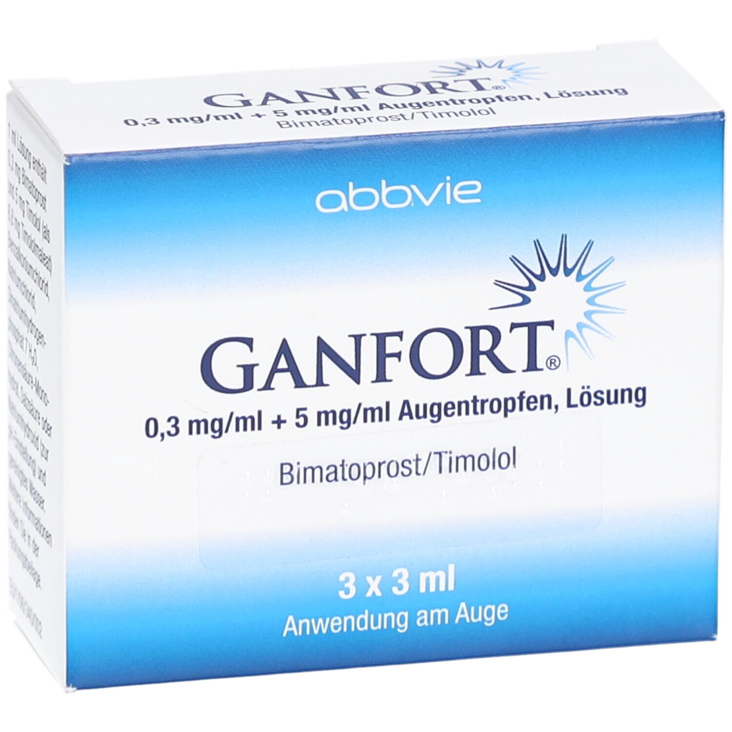 Weiße Faltschachtel mit blauer Gestaltung. Aufdruck: GANFORT 0,3 mg/ml + 5 mg/ml Augentropfen, Lösung. 3 x 3 ml.