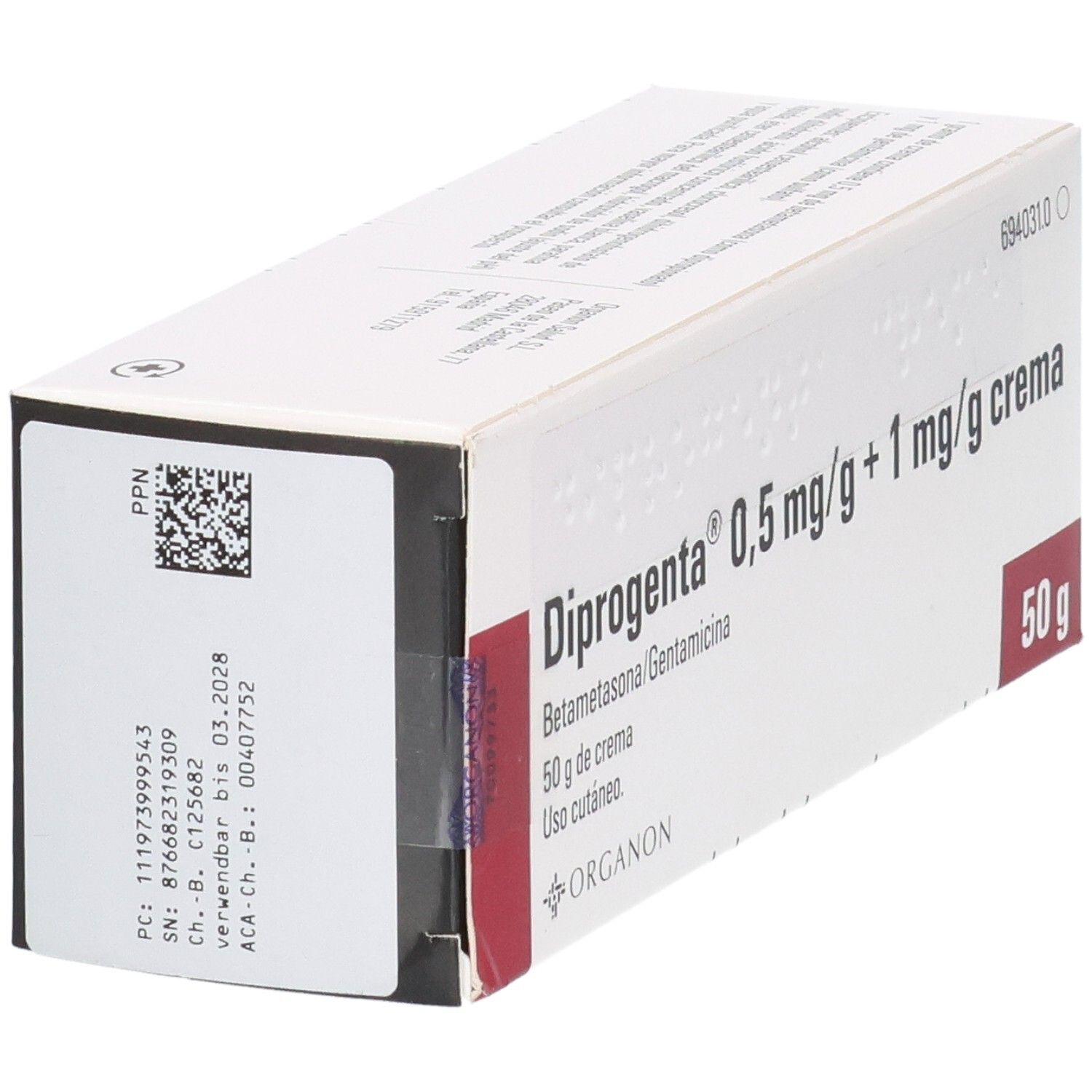Seitenansicht der Diprogenta Creme 50g Packung mit PPN und Chargennummer.