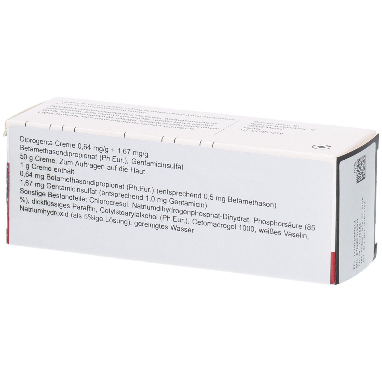 Rückseite der Diprogenta Creme 50g Packung mit detaillierten Inhaltsstoffen und Anwendungshinweisen.