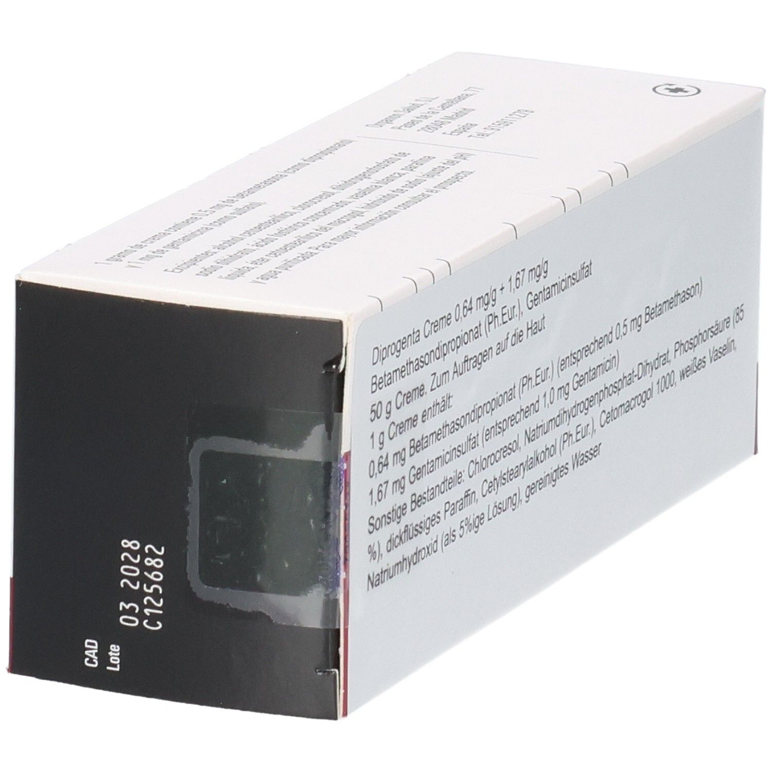 Detailansicht der Rückseite der Diprogenta Creme 50g Packung mit Verfallsdatum und Chargennummer.