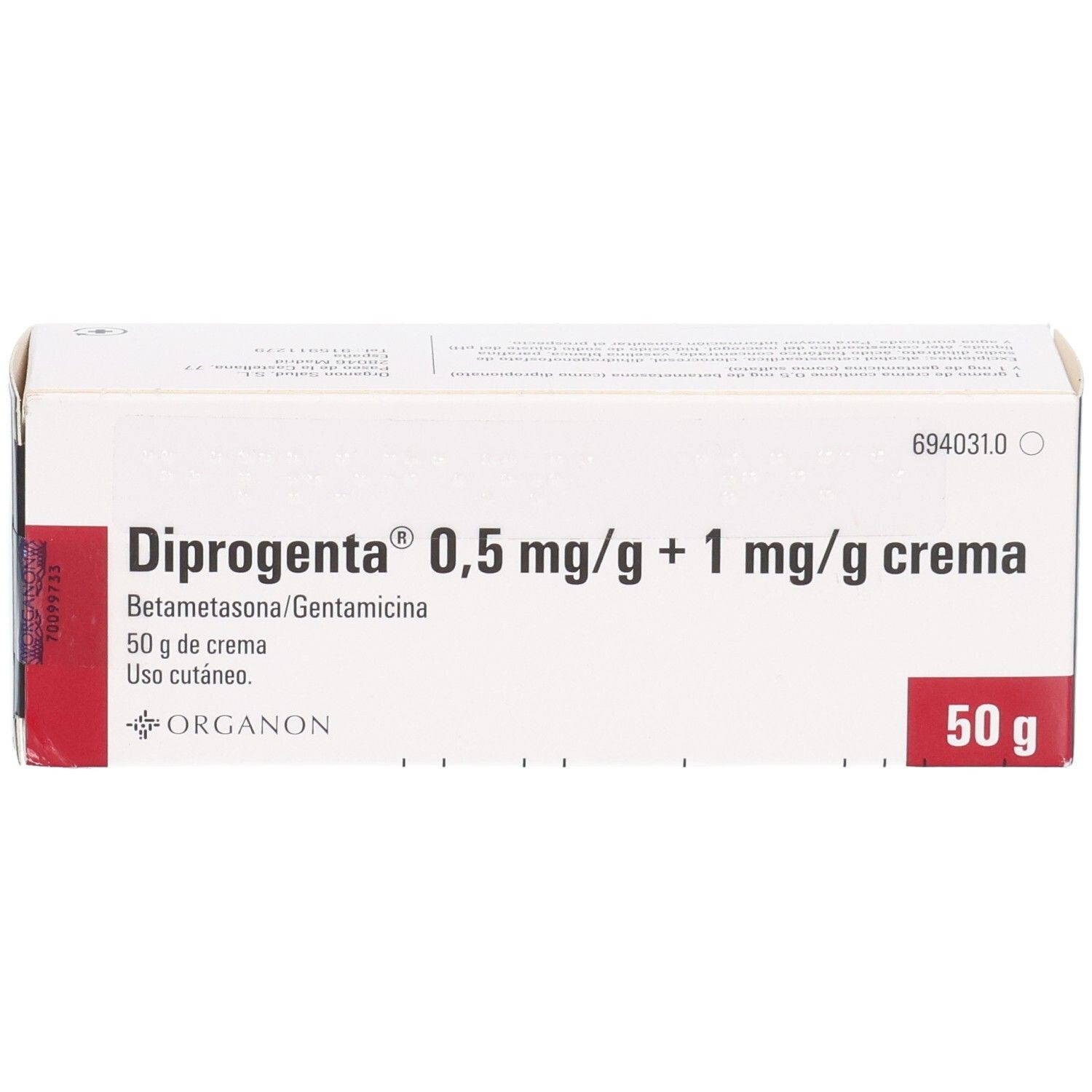 Vorderseite der Diprogenta Creme 50g Packung mit Wirkstoffangaben und Organon Logo.