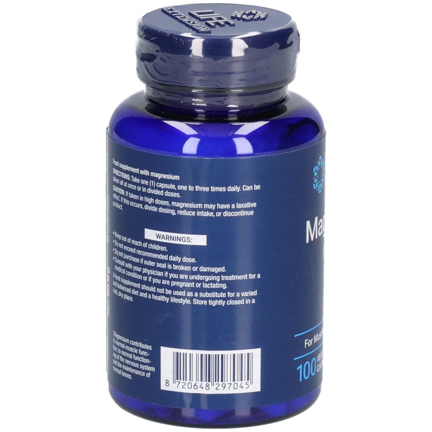 Rückseite der blauen Flasche mit Informationen zu Life Extension Magnesium (Citrat). Barcode und Warnhinweise.
