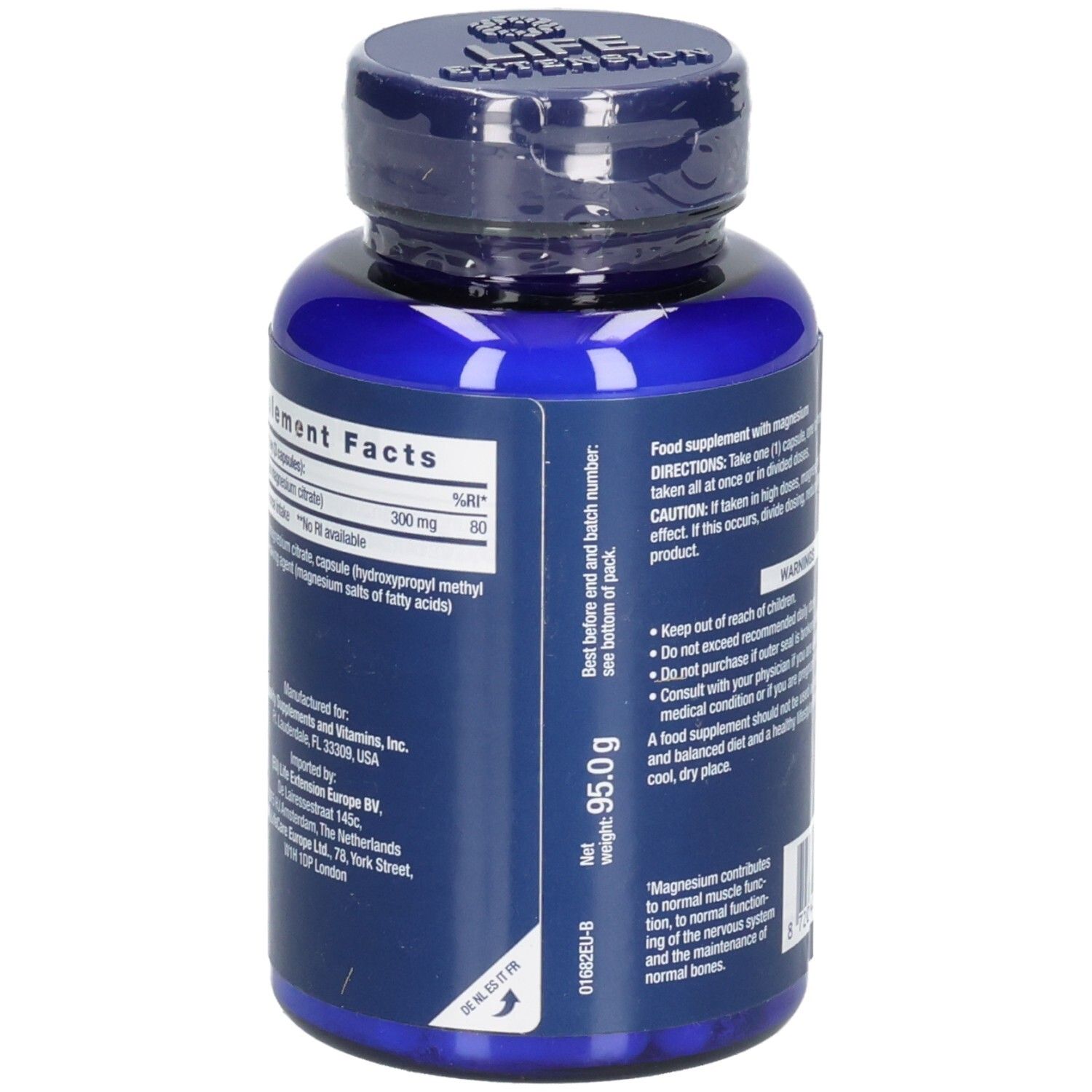 Blaue Flasche Life Extension Magnesium (Citrat). Nährwertangaben, Gewicht 95,0 g. Mindesthaltbarkeitsdatum.
