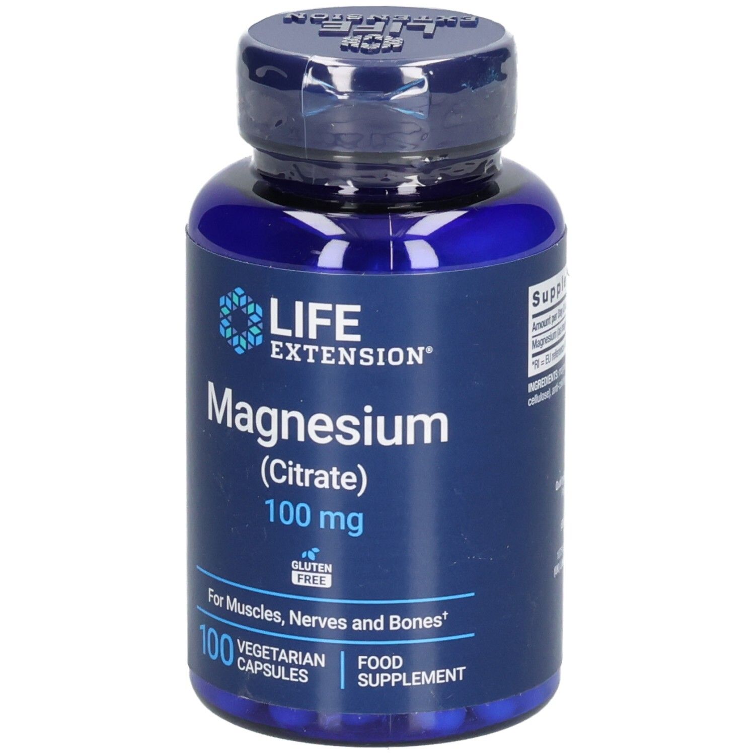 Blaue Flasche Life Extension Magnesium (Citrat) 100 mg. 100 vegetarische Kapseln. Glutenfrei.