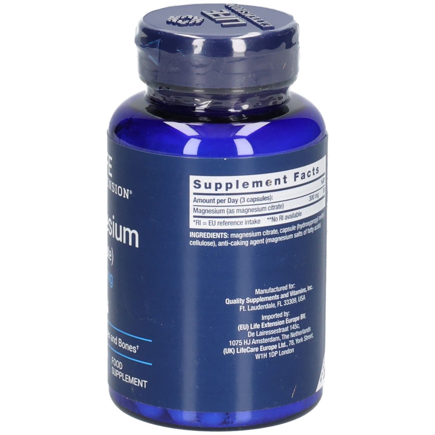 Blaue Flasche Life Extension Magnesium (Citrat). Nährwertangaben und Zutaten. Herstellerinformationen.