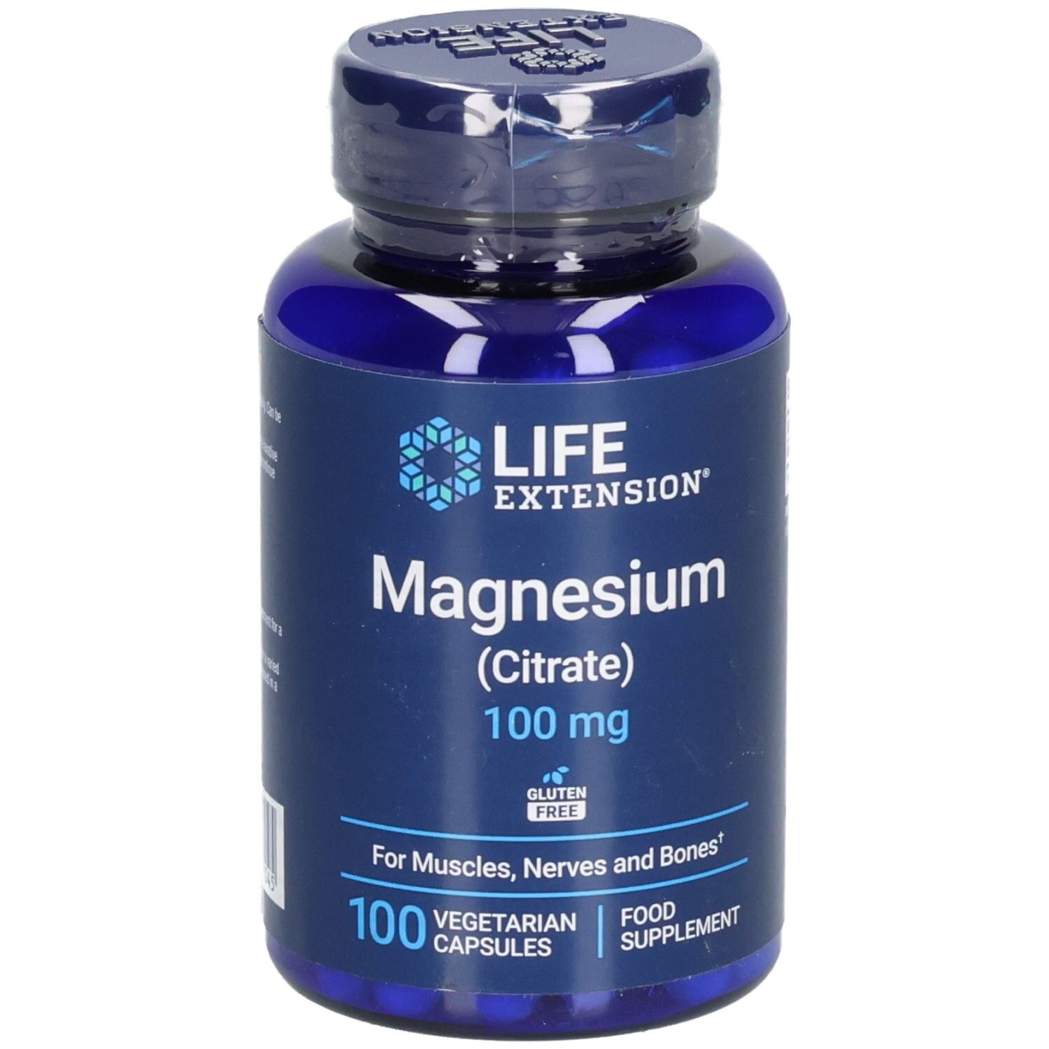 Blaue Flasche Life Extension Magnesium (Citrat) 100 mg. 100 vegetarische Kapseln. Glutenfrei.