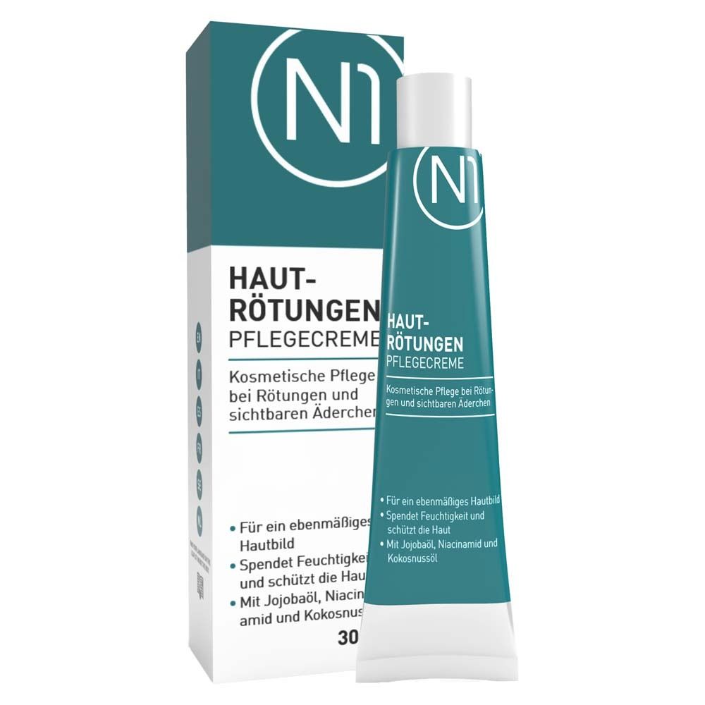 Creme-Tube und Schachtel. Aufschrift: N1 Hautrötungen Pflegecreme. Kosmetische Pflege bei Rötungen und sichtbaren Äderchen.