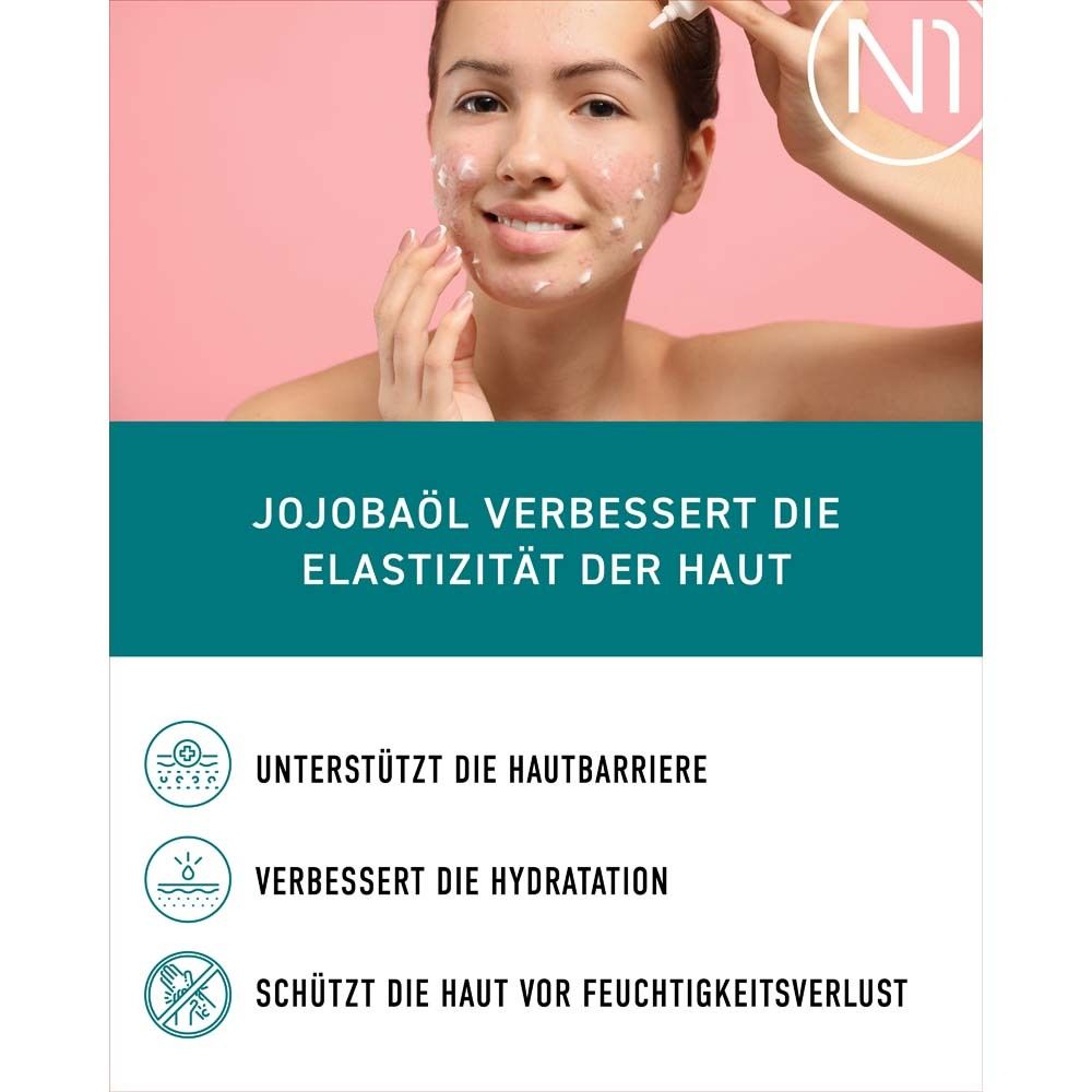 Frau trägt Creme auf. Text: Jojobaöl verbessert die Elastizität der Haut. Grafiken: Unterstützt die Hautbarriere, verbessert die Hydratation, schützt vor Feuchtigkeitsverlust.