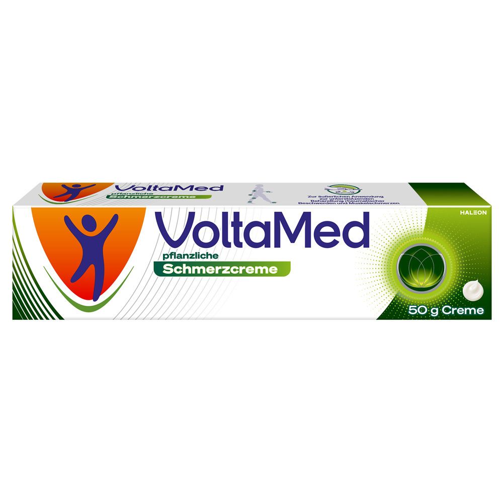 VoltaMed pflanzliche Schmerzcreme, Tube und Verpackung. Grün, weiß, orange. Text: VoltaMed, Schmerzcreme.