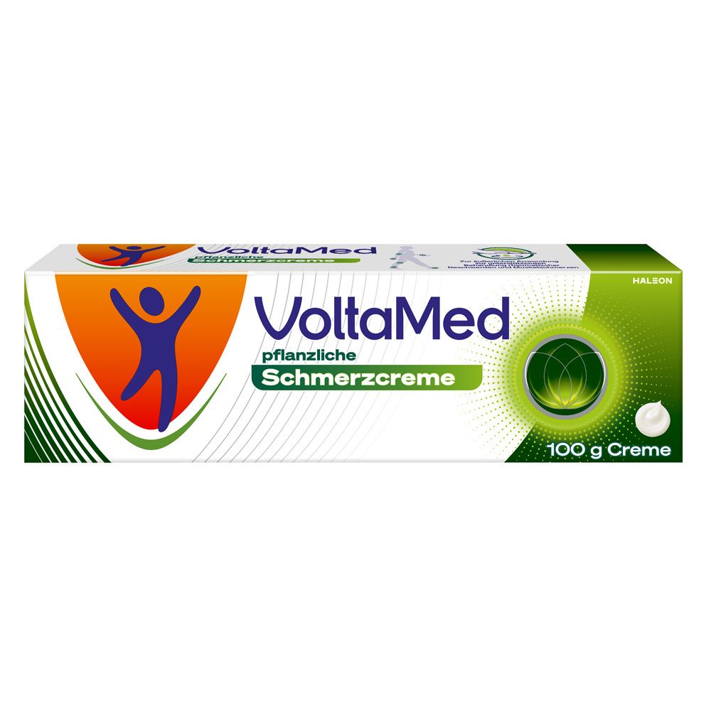 Schachtel mit VoltaMed pflanzliche Schmerzcreme. Grün-weißes Design, Logo mit Figur.