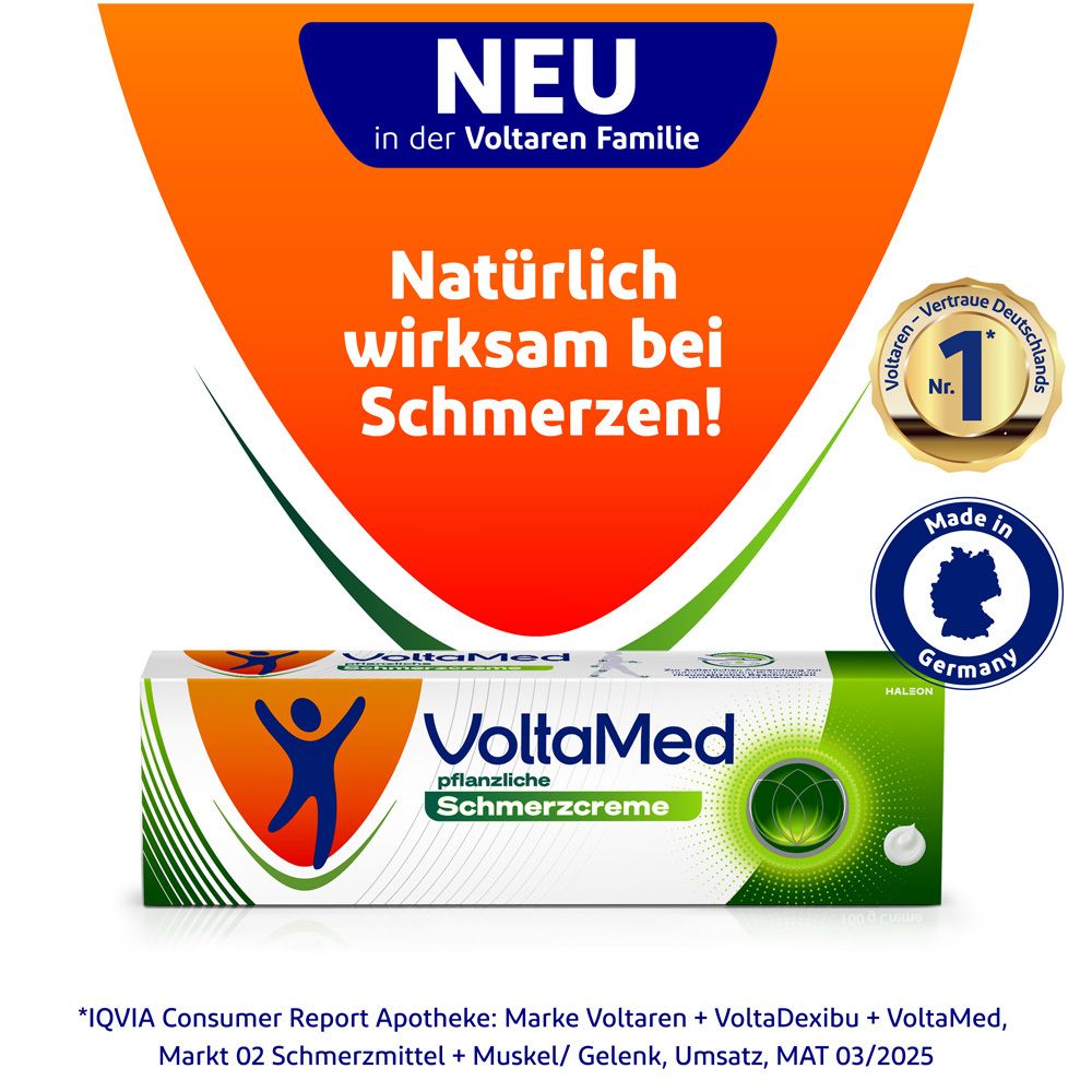 Produktverpackung von VoltaMed Schmerzcreme. Auszeichnung 'Nr. 1' und 'Made in Germany'.
