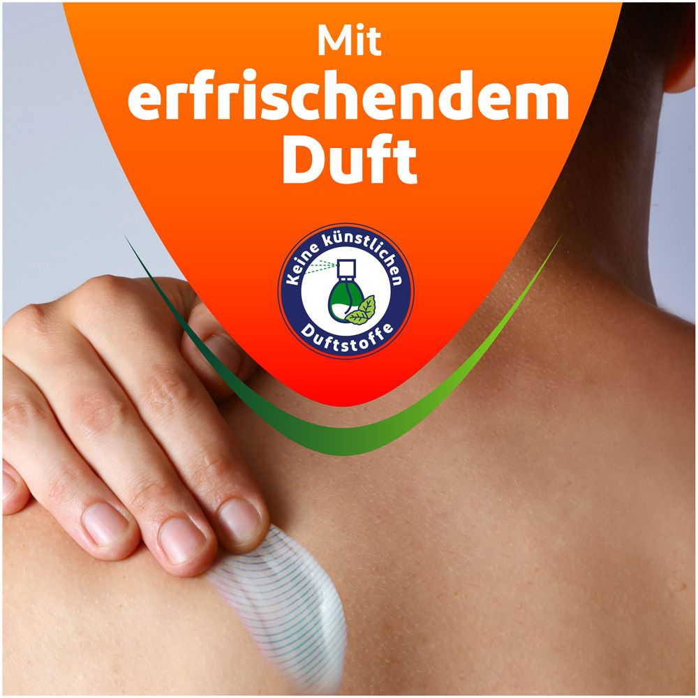 Person mit Creme auf der Schulter. Text: Mit erfrischendem Duft. Keine künstlichen Duftstoffe.