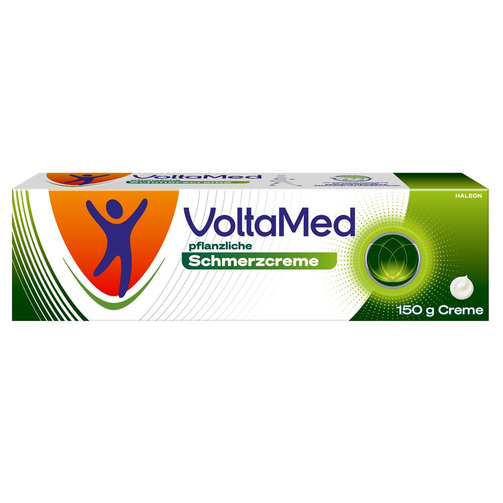 VoltaMed pflanzliche Schmerzcreme, 150 g Creme. Weiße Tube und Verpackung mit Logo und grünen Akzenten.