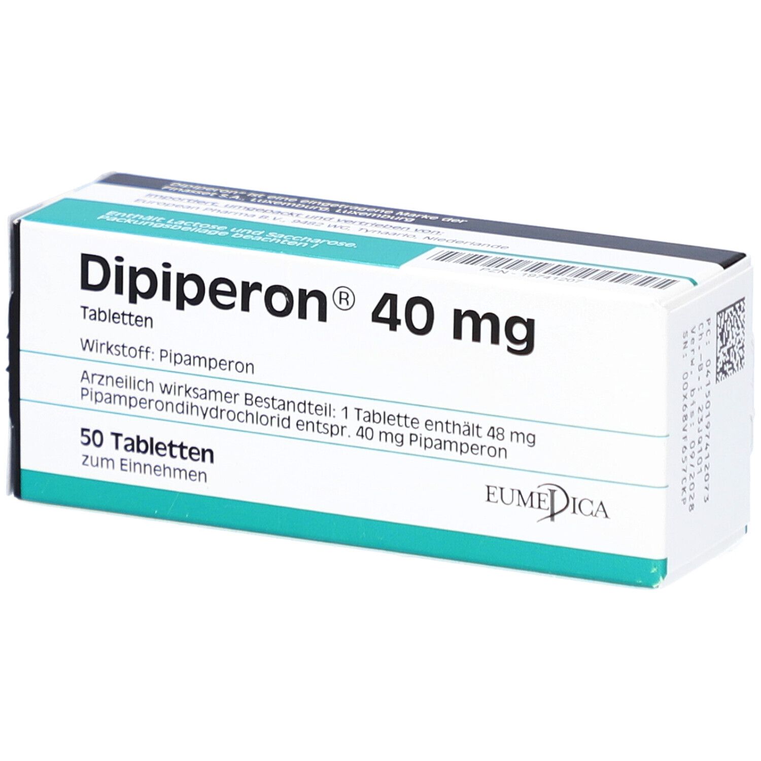 Schachtel mit Tabletten. Aufschrift: Dipiperon 40 mg. 50 Tabletten. EUMEDICA Logo.