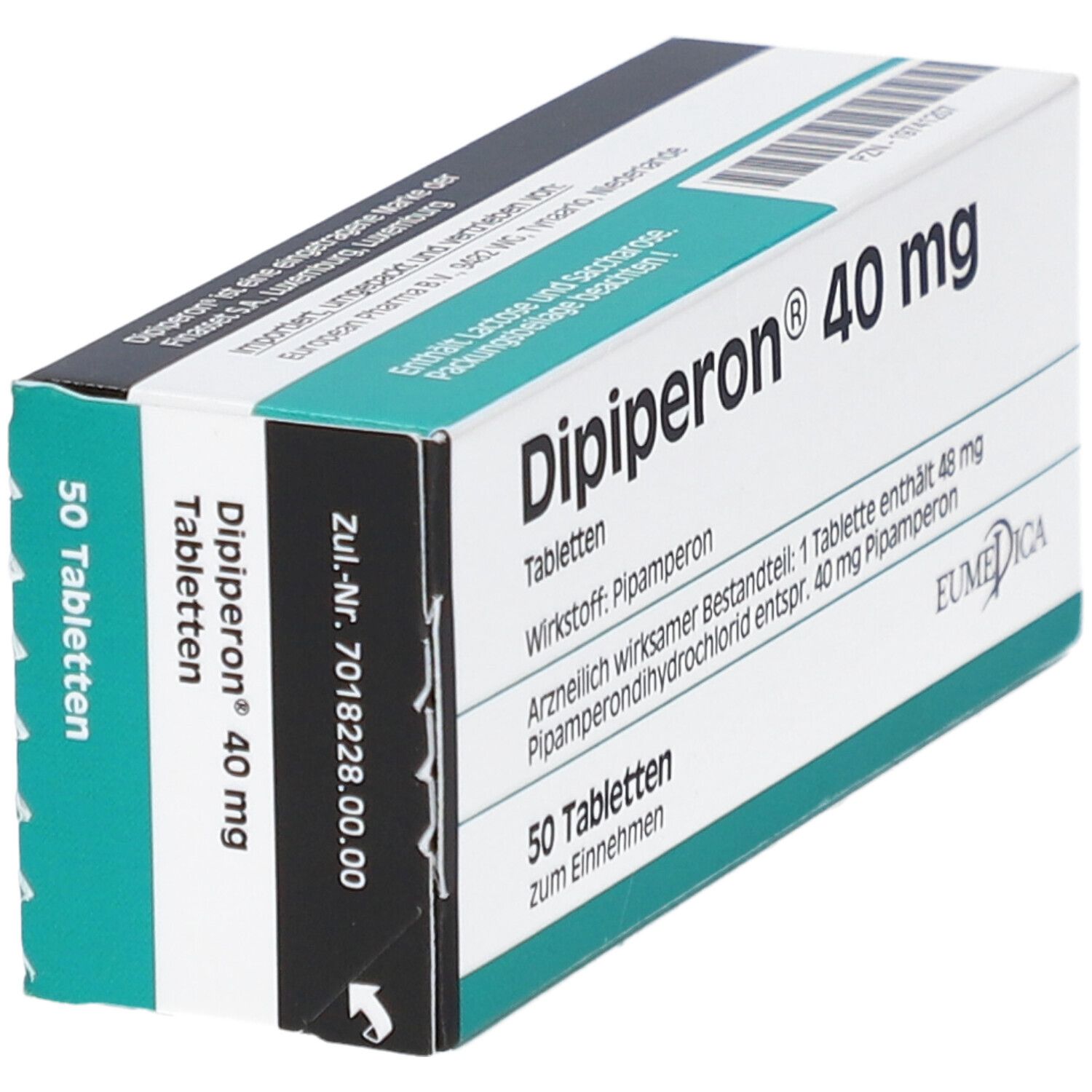 Schachtel mit Tabletten. Aufschrift: Dipiperon 40 mg. 50 Tabletten. EUMEDICA Logo.