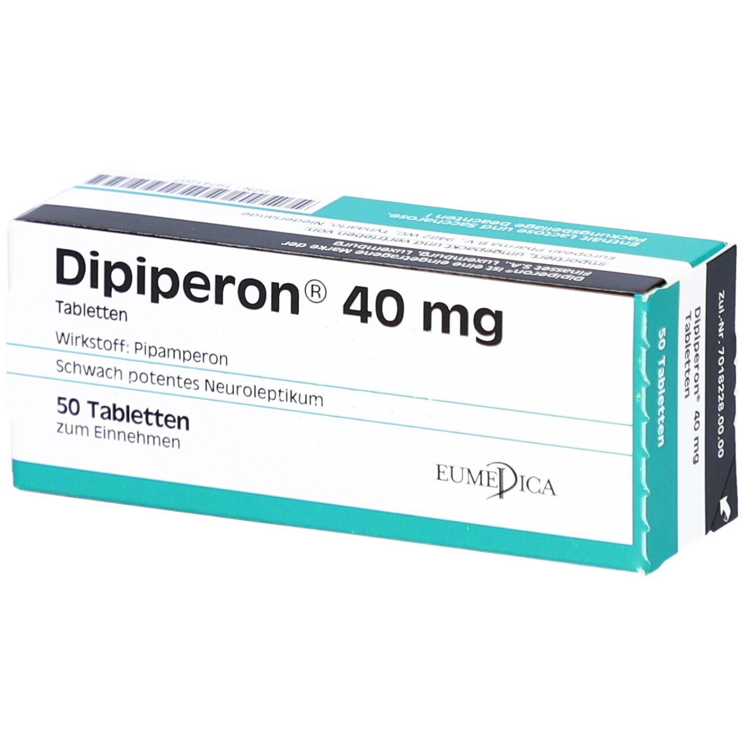 Schachtel mit Tabletten. Aufschrift: Dipiperon 40 mg. 50 Tabletten. EUMEDICA Logo.