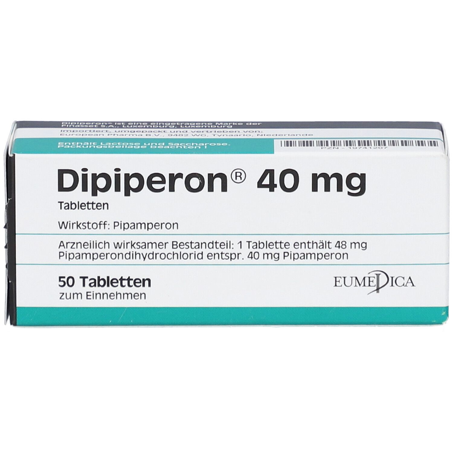 Schachtel mit Tabletten. Aufschrift: Dipiperon 40 mg. 50 Tabletten. EUMEDICA Logo.